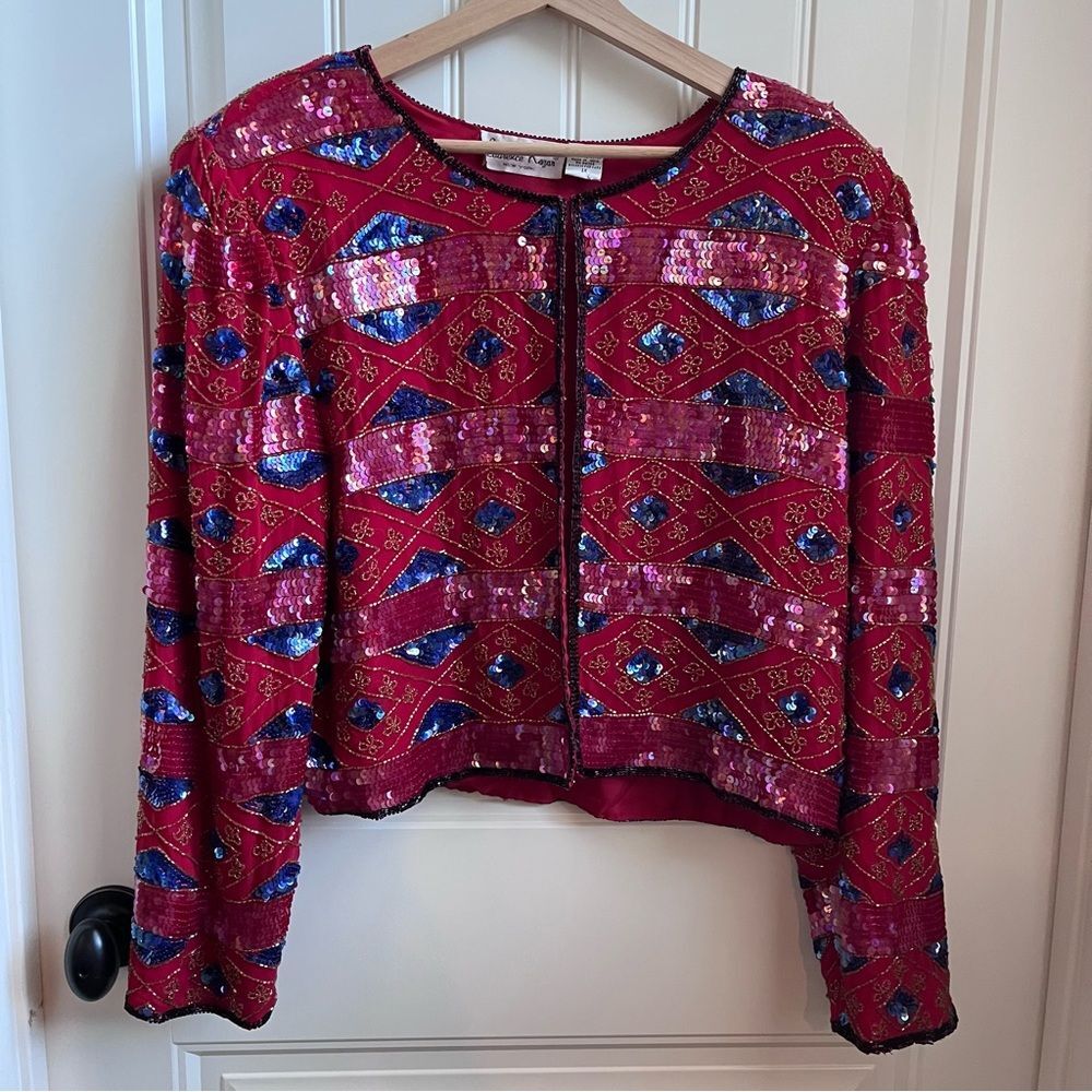vintage Laurence Kazar silk sequin beaded jacket  blue red 1x Christmas